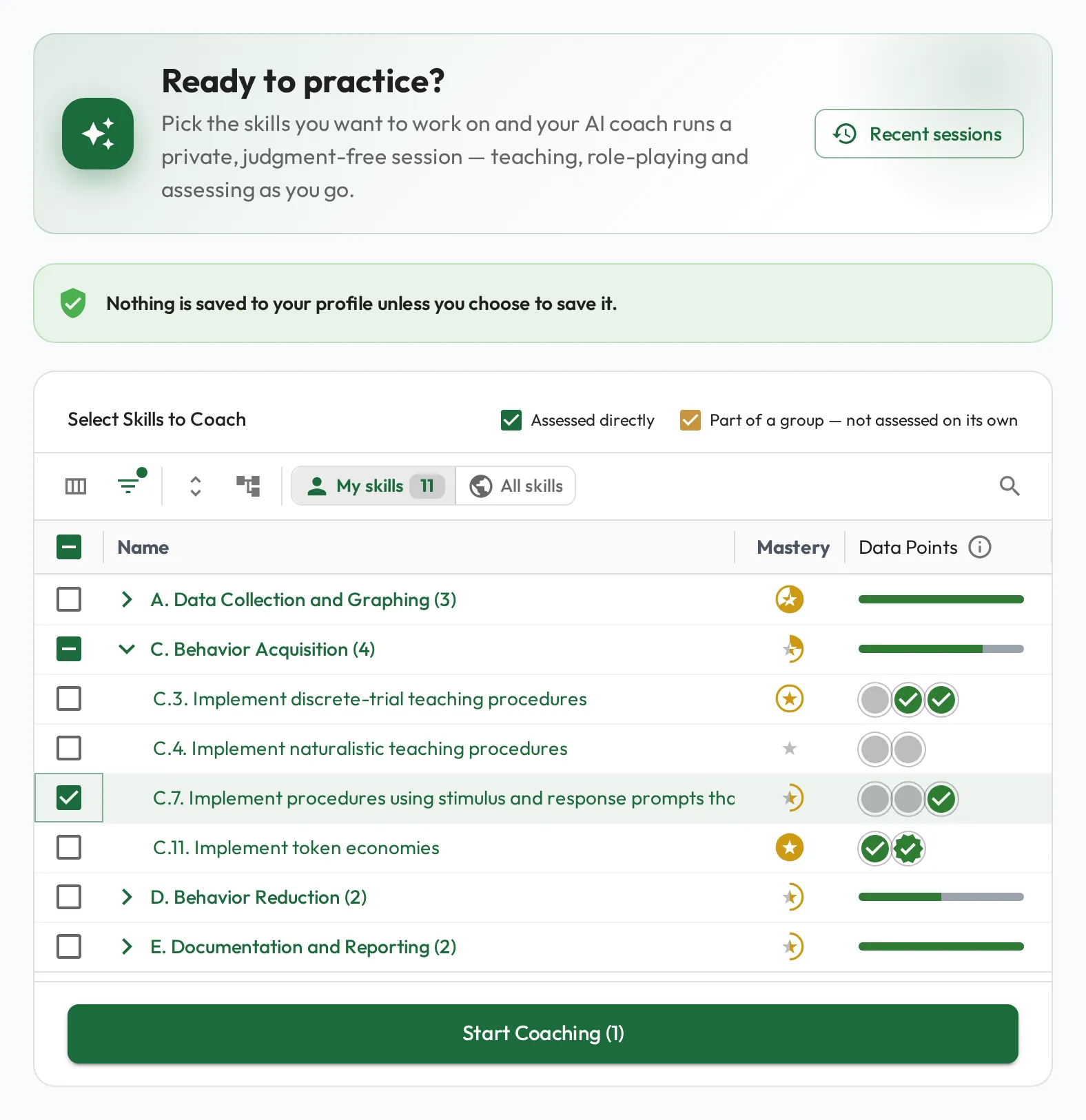 The Coach Me page, where a person picks the skills they want to work on and starts a session.