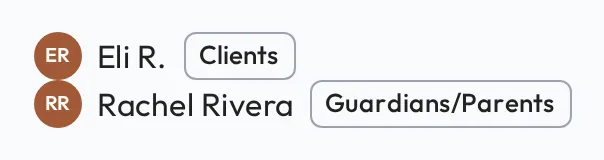Two person options in a people picker, each with an initials avatar, the person's name, and an outlined chip naming their type: Eli R. under Clients and Rachel Rivera under Guardians/Parents.