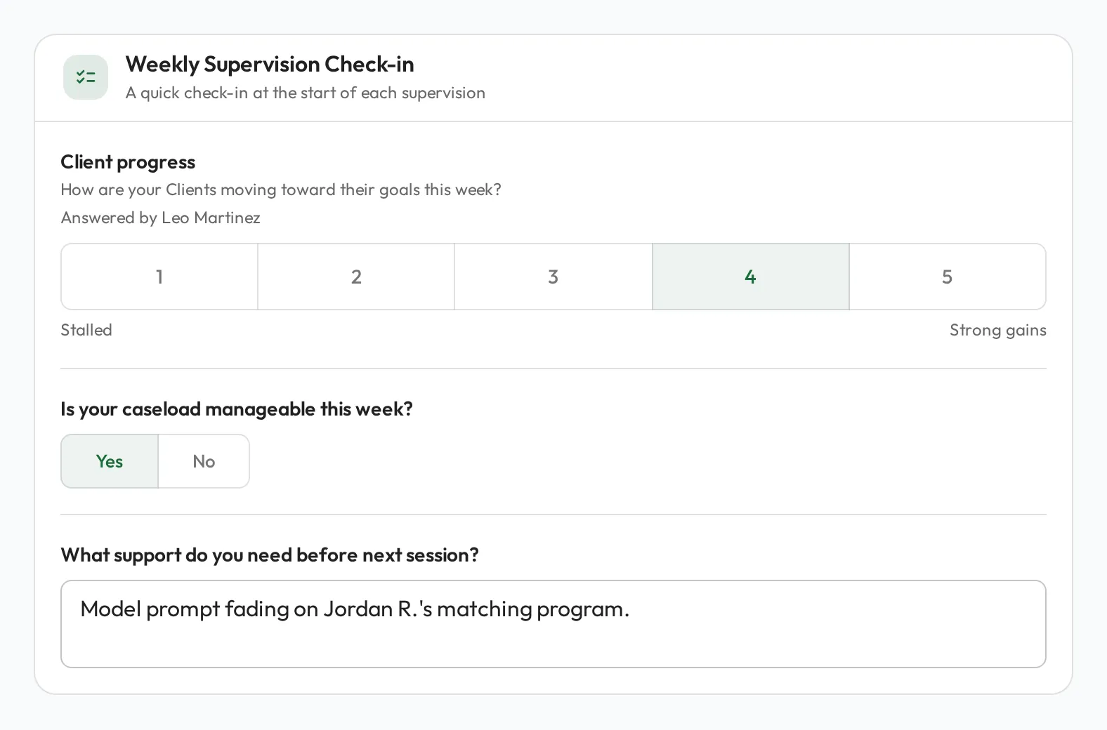 A question set card part-way through a session: a 1 to 5 rating with 4 selected and captioned with who answered it, a Yes / No answer, and a written answer.