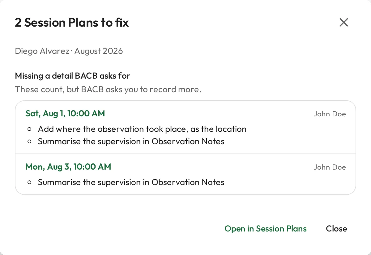 The 2 Session Plans to fix dialog for one trainee's month. Under Missing a detail BACB asks for, one Session Plan needs a location and a summary in Observation Notes, and the other needs a summary.