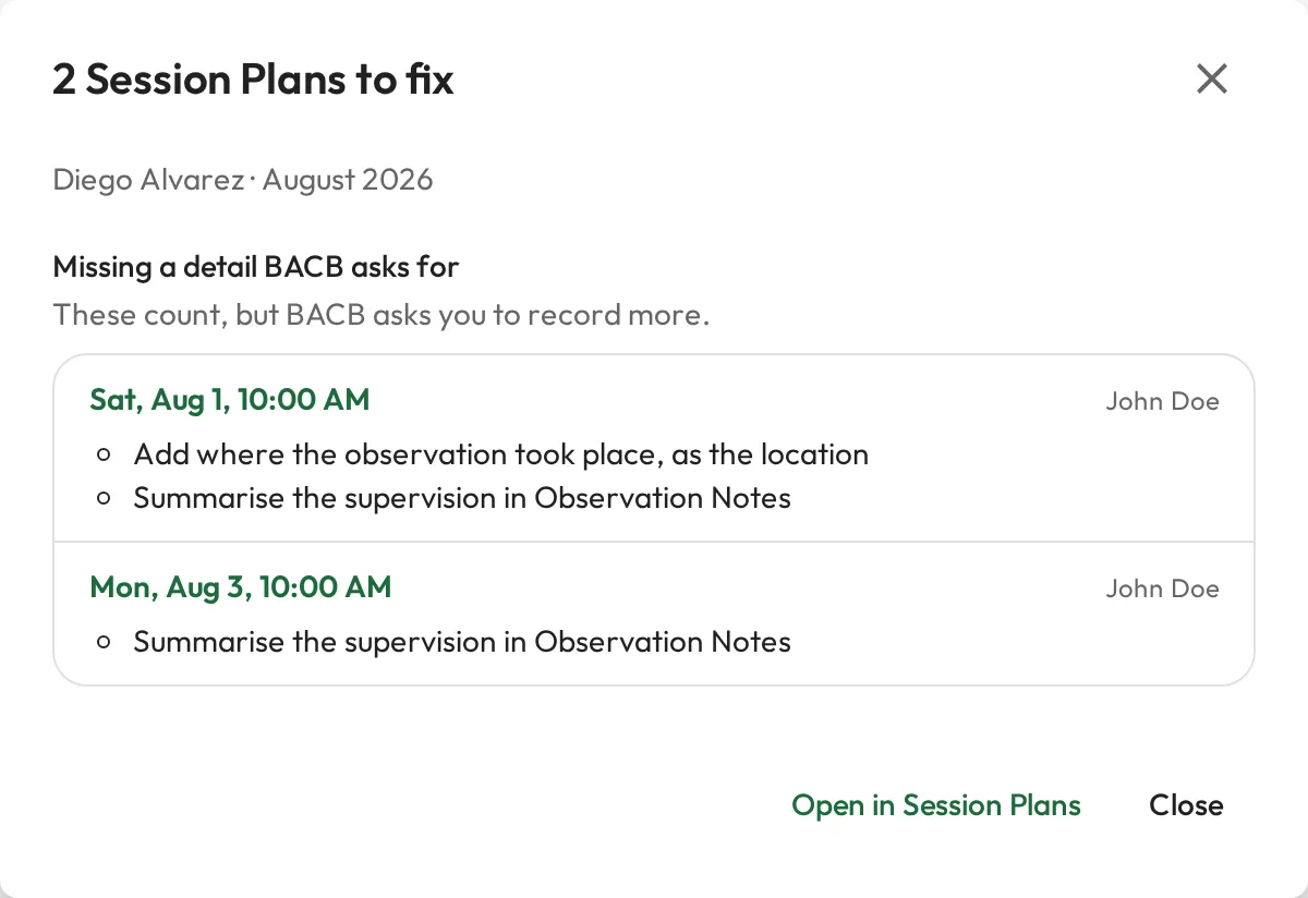 The Session Plans to fix dialog for one trainee and month: two Session Plans under Missing a detail BACB asks for, each with its date, its supervisor and what to fix.