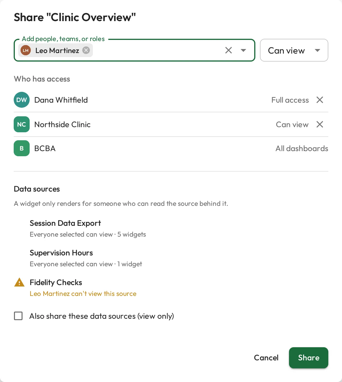 The Share dialog for a dashboard, with a Data sources section warning that one of the sources cannot be viewed by the person being added, and an unticked option to share those sources too.
