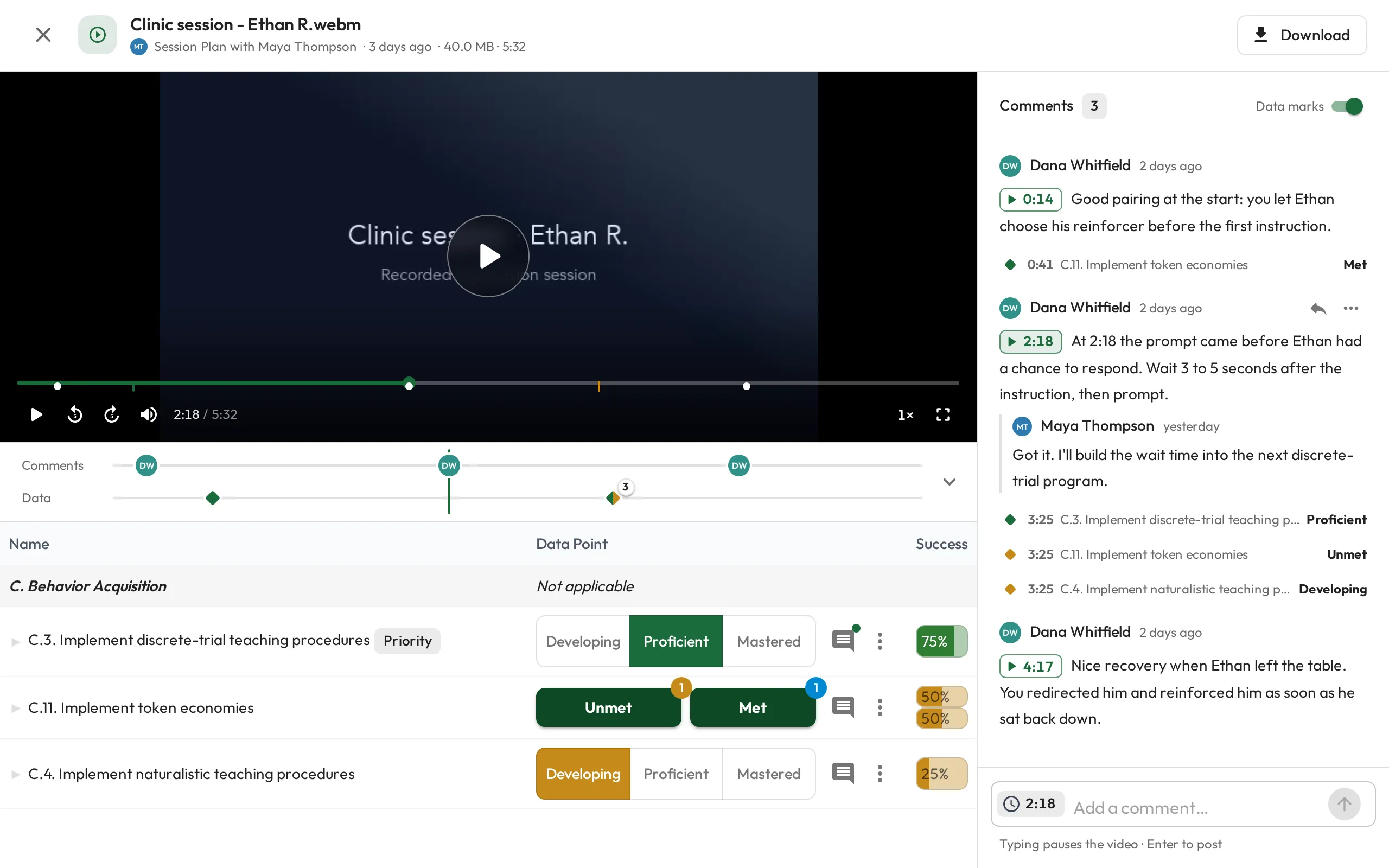 A session recording in the file viewer: the video with comment and data markers on its timeline, the skills table docked underneath, and comments interleaved with data marks on the right.