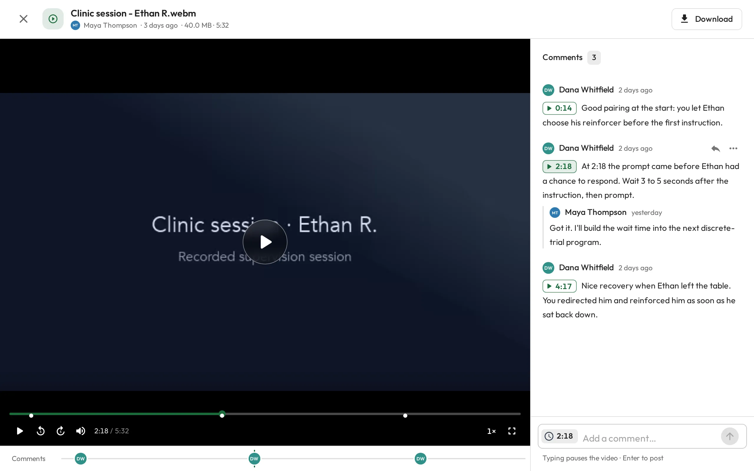 A recorded session in the file viewer, with the comment thread beside it and each comment pinned to a moment such as 0:14 or 2:18 on the video's timeline.
