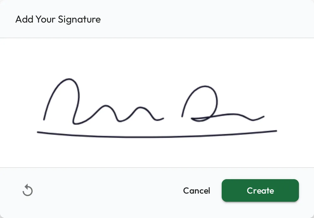 The Add Your Signature dialog with a handwritten signature drawn on the pad, a Clear icon button, and Cancel and Create actions.