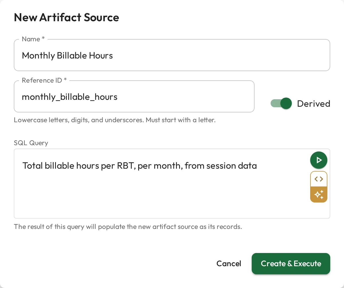 The New Artifact Source dialog with Derived turned on and a query written in plain English.
