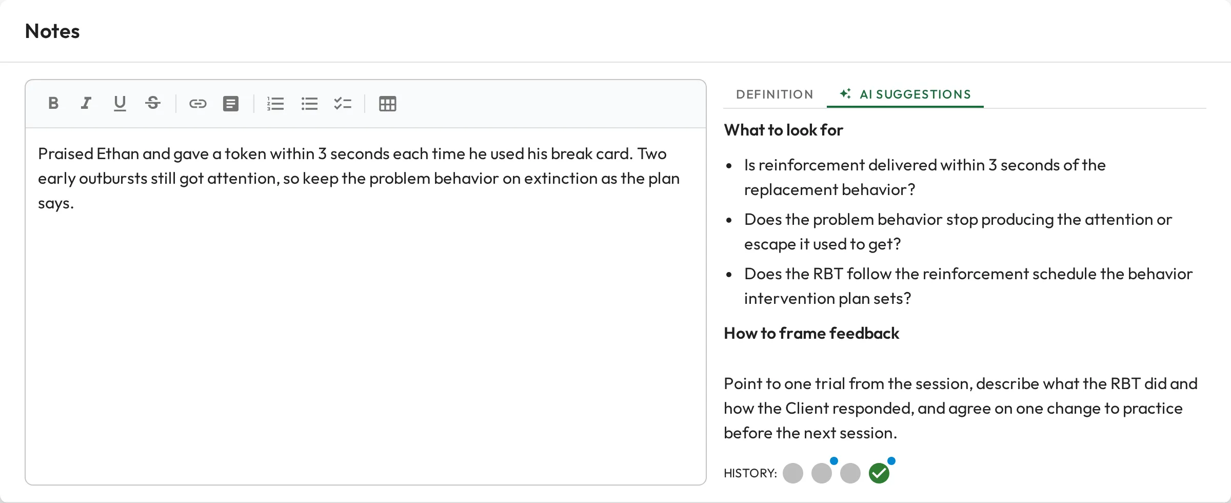 The notes dialog with the AI Suggestions tab open, showing generated guidance on what to look for and how to frame feedback for the skill.