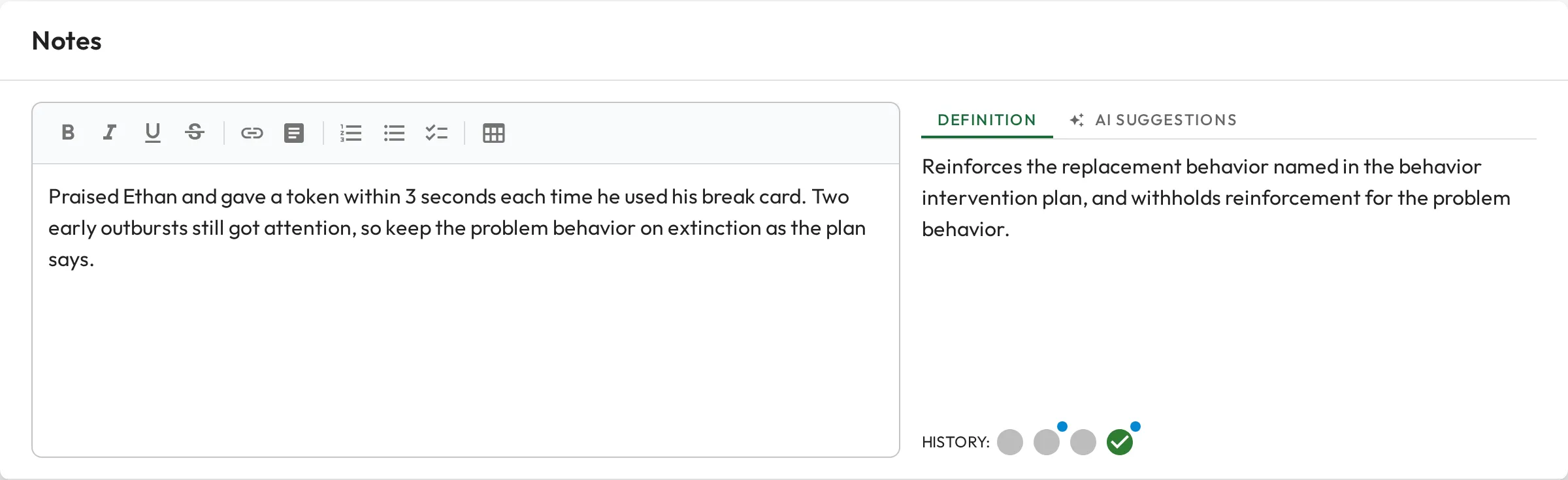 The notes dialog for a skill: a note being written on the left, with the skill's definition and a history of past observations on the right.