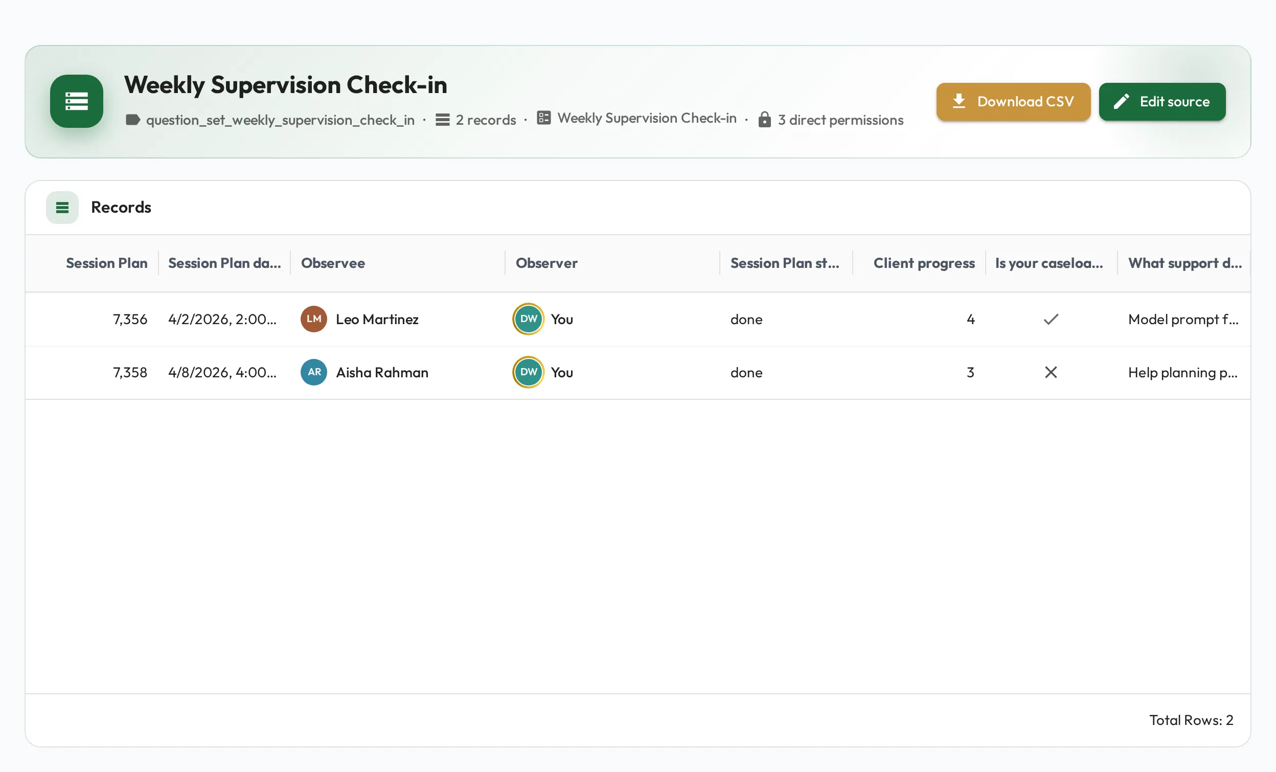 A question set's results table, with one row per Session Plan response, the columns filled in from the Session Plan itself, then one column per question.
