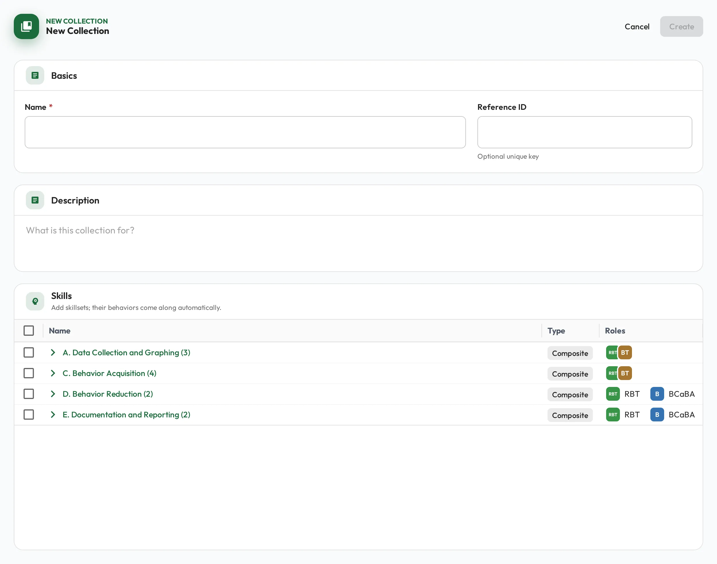 The Create Collection page with a form and a skill tree where only root skills are selectable.
