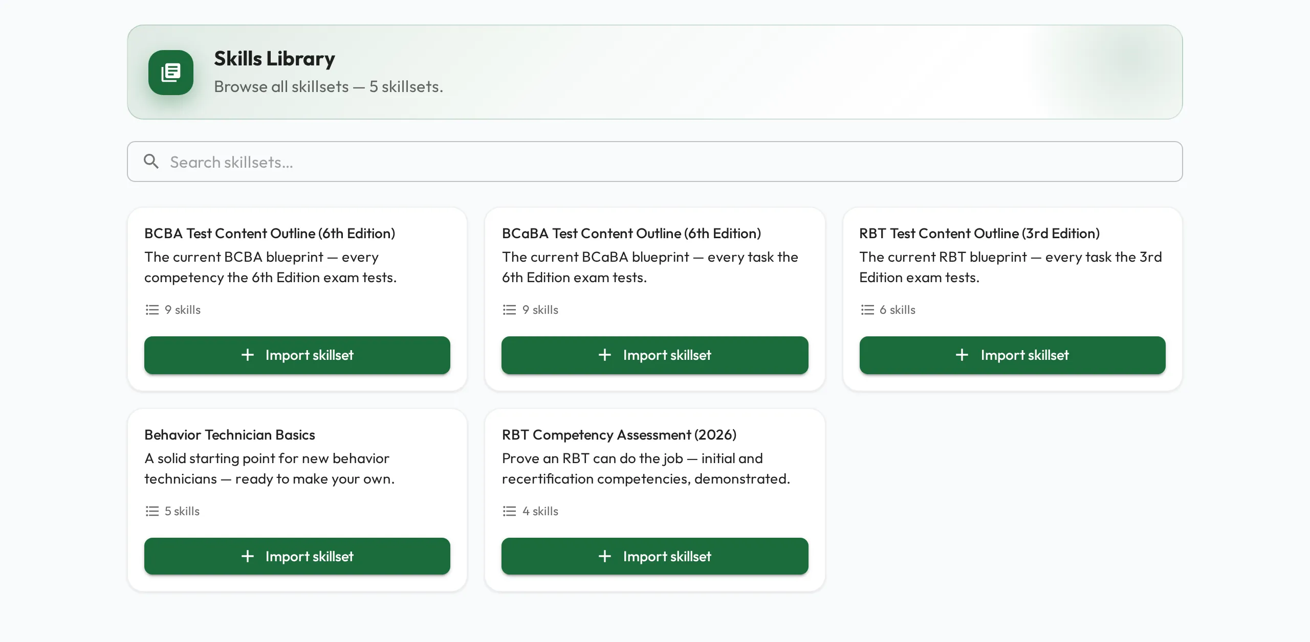 The Skills Library for an ABA organization: cards for the BCBA and BCaBA Test Content Outlines, the RBT Test Content Outline, Behavior Technician Basics and the RBT Competency Assessment, each with its skill count and an Import skillset button.