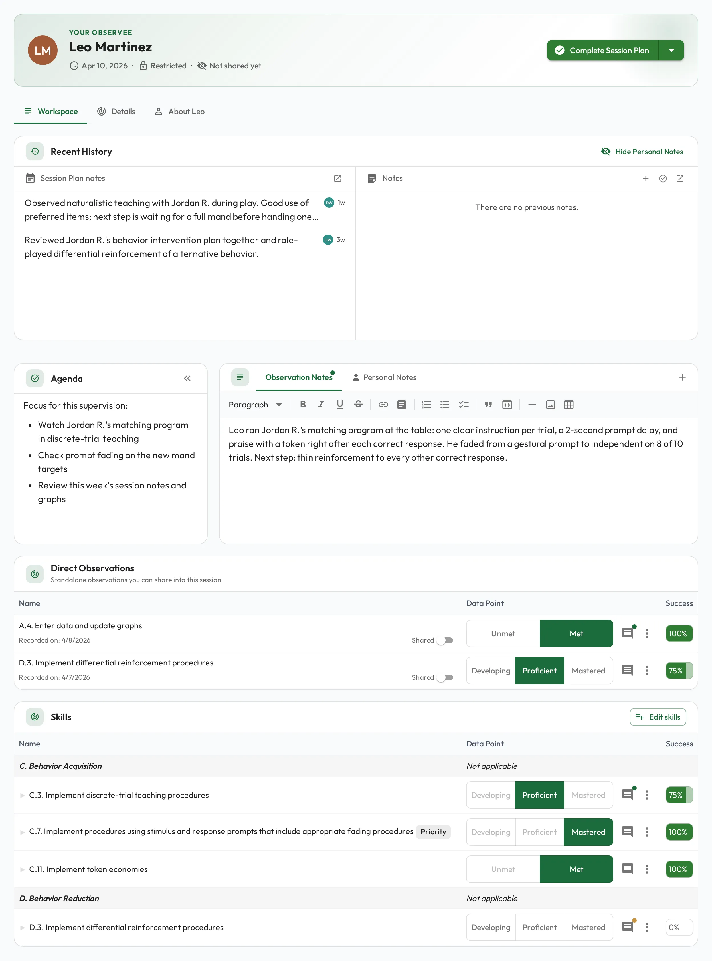 A running Session Plan: Recent History across the top with two past Session Plan notes and no open notes, the agenda docked beside the Observation Notes, and further down draft observations awaiting review and a Skills table with recorded scores.