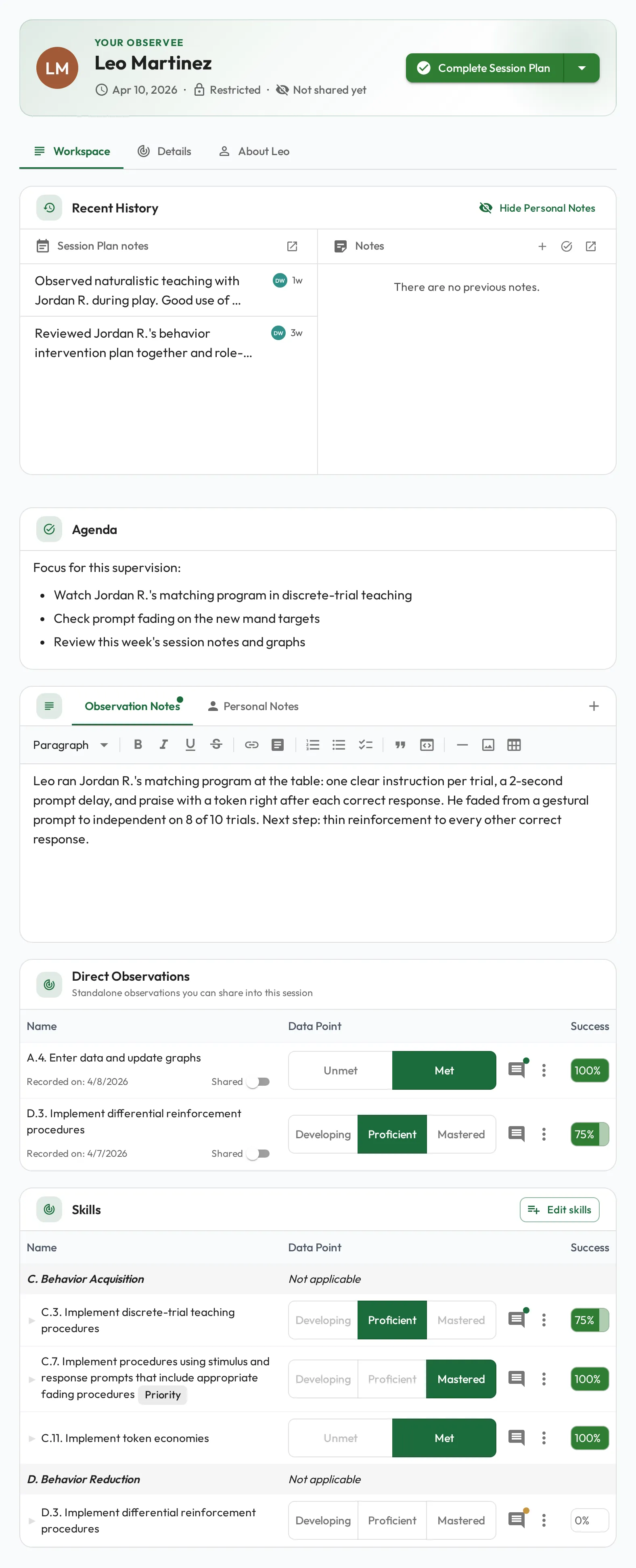 A Session Plan in progress with notes and a skills table