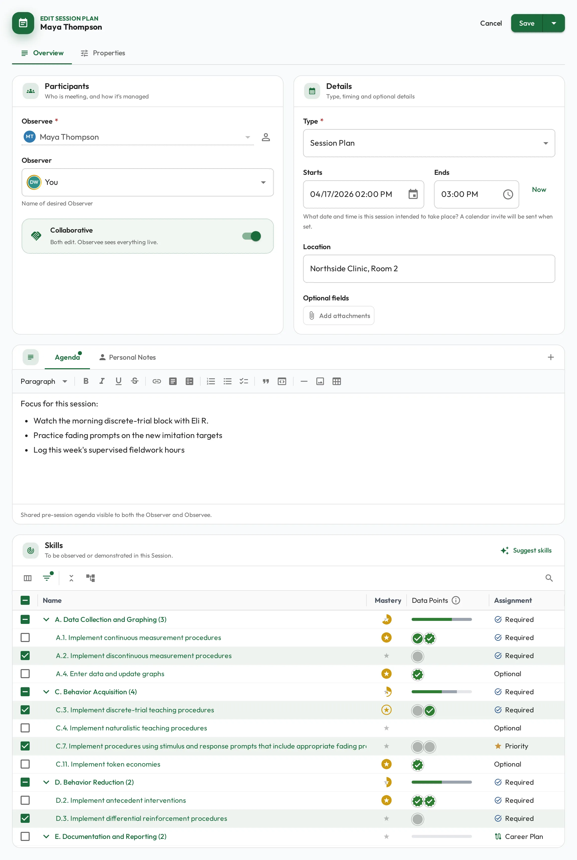 The Session Plan planning form: a Participants card with the Observee and Observer chosen and the Collaborative switch, a Details card with the type, date, time and location, the Agenda, and a skills table with skills selected for the session.