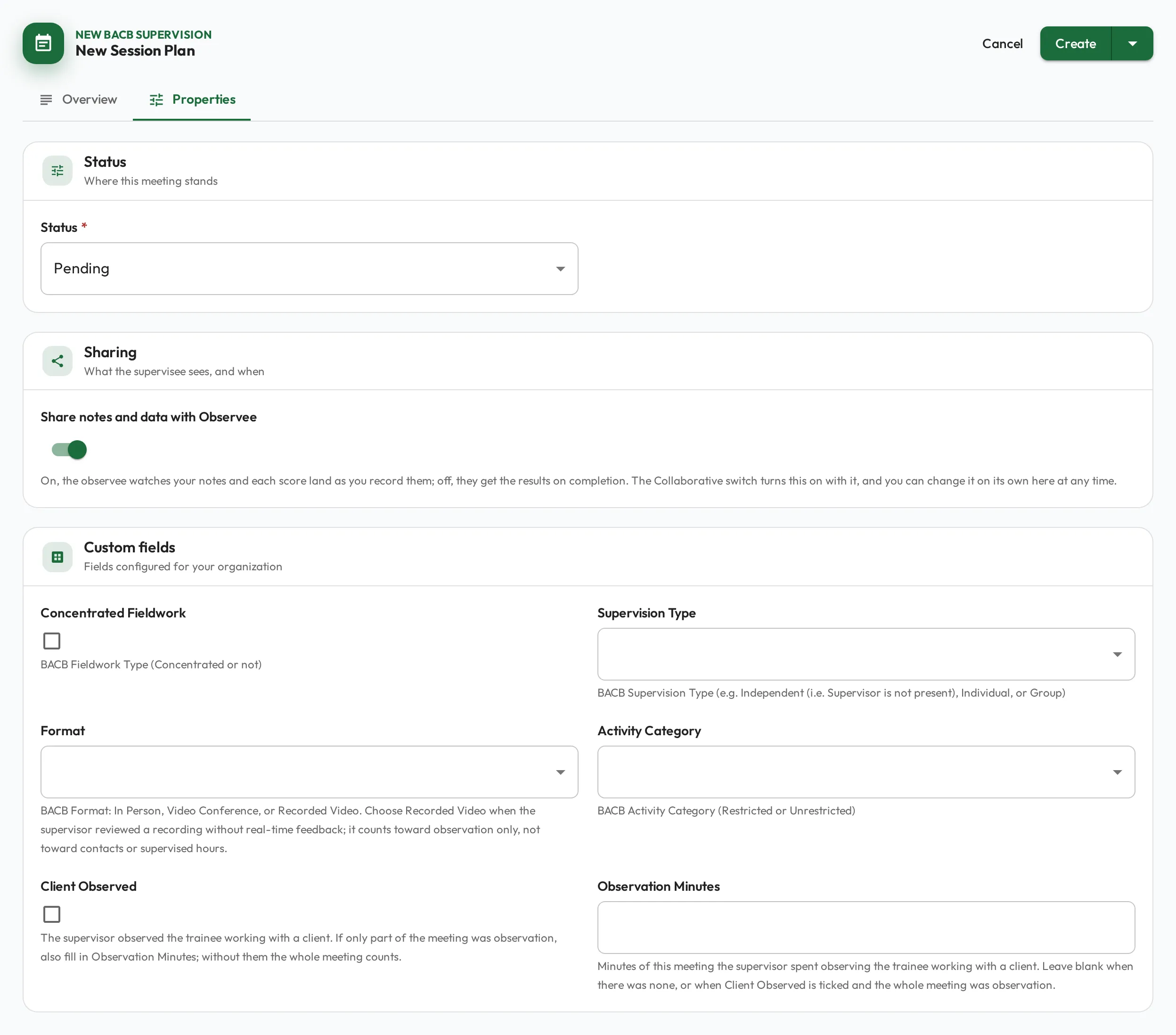 The Properties tab of a new BACB Supervision: the Custom fields card lists Concentrated Fieldwork, Format, Activity Category, Client Observed, Supervision Type and Observation Minutes, each with its help text.