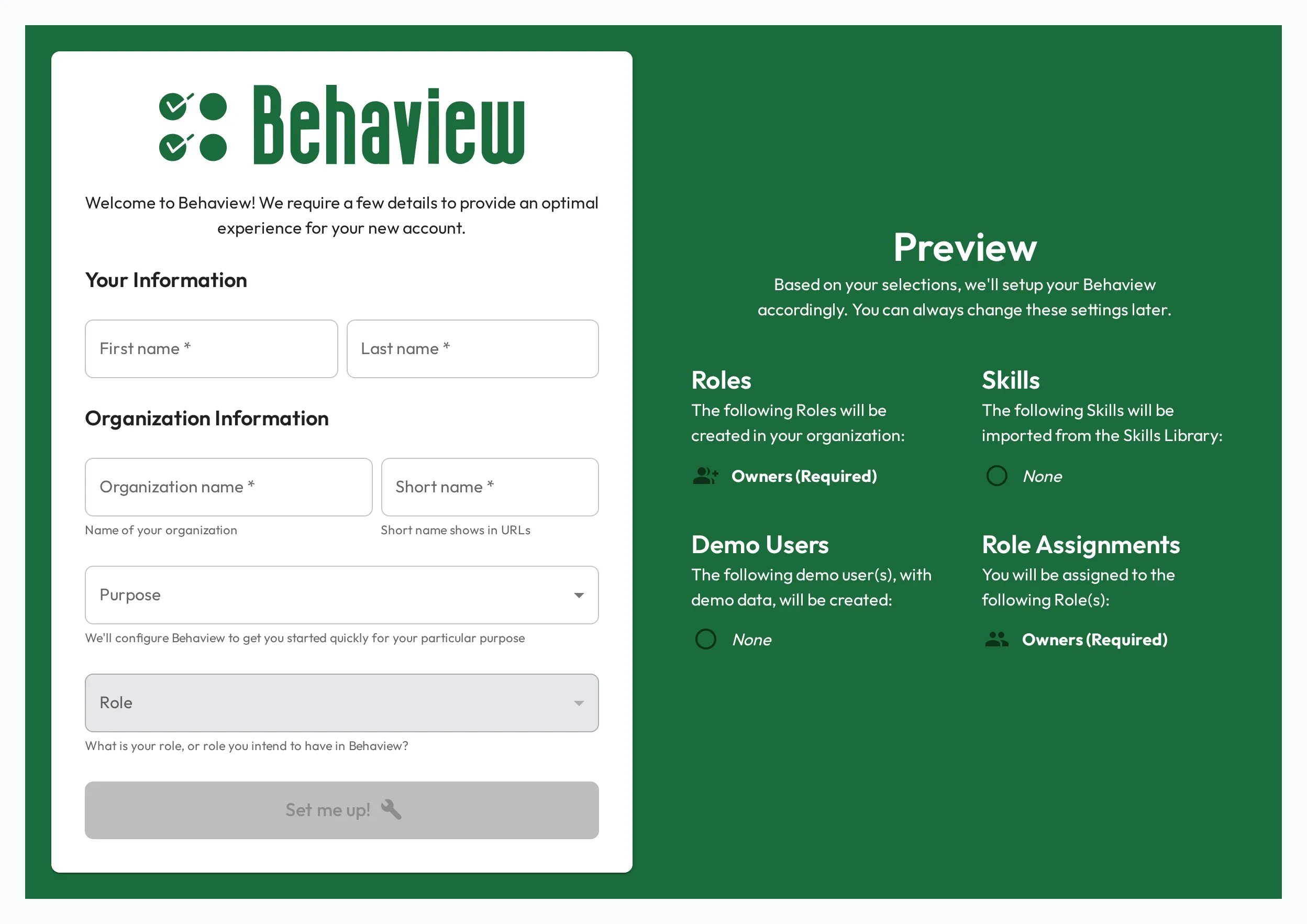 The Account Setup form with Your Information, Organization Information, Purpose and a disabled Role, beside a Preview that lists Owners (Required) under Roles and Role Assignments, and None under Skills and Demo Users until a Purpose is chosen.
