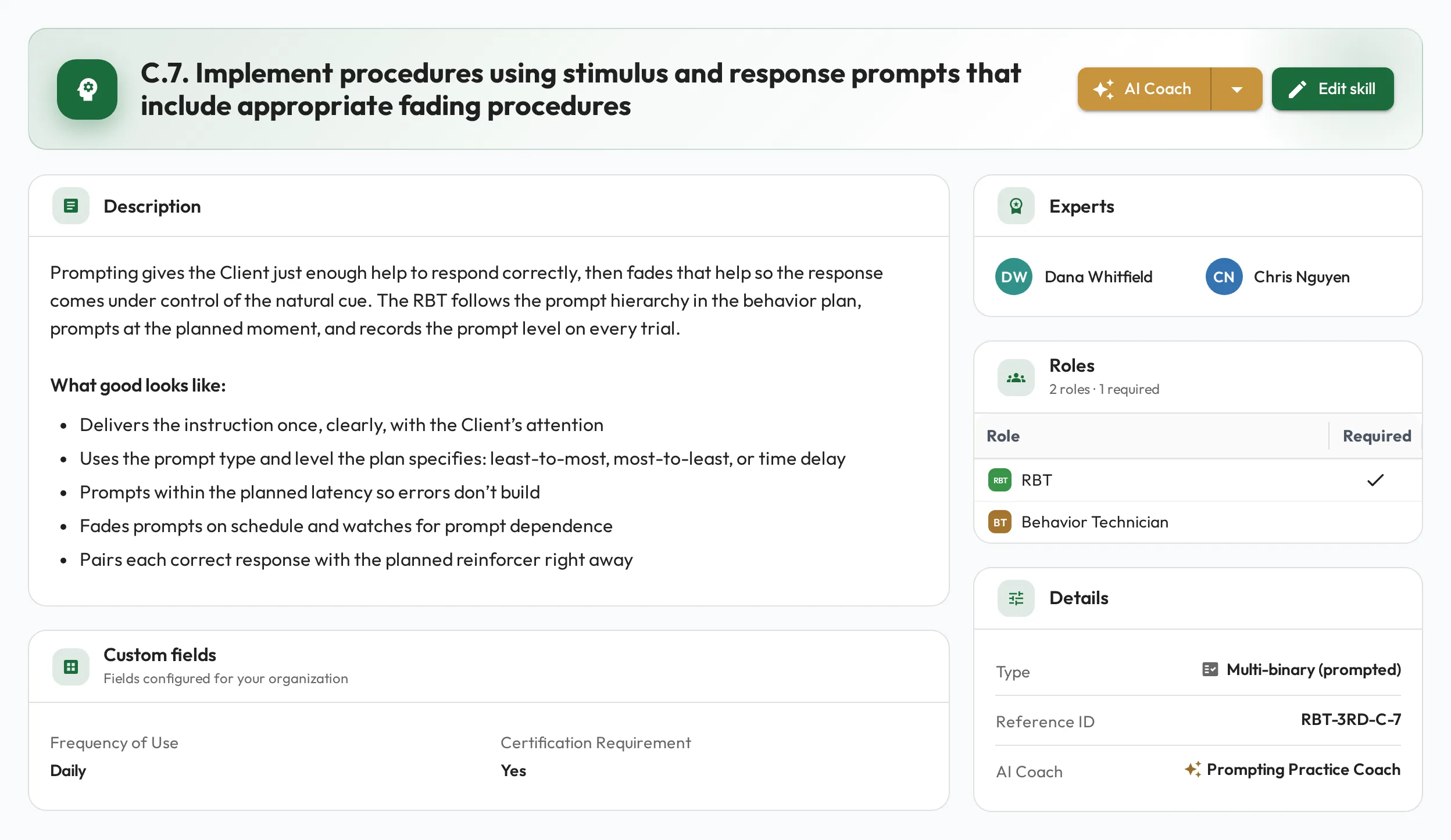 A Skill's page with a Custom fields card below the description, showing Frequency of Use set to Daily and Certification Requirement set to Yes, beside the skill's experts, roles, and details.