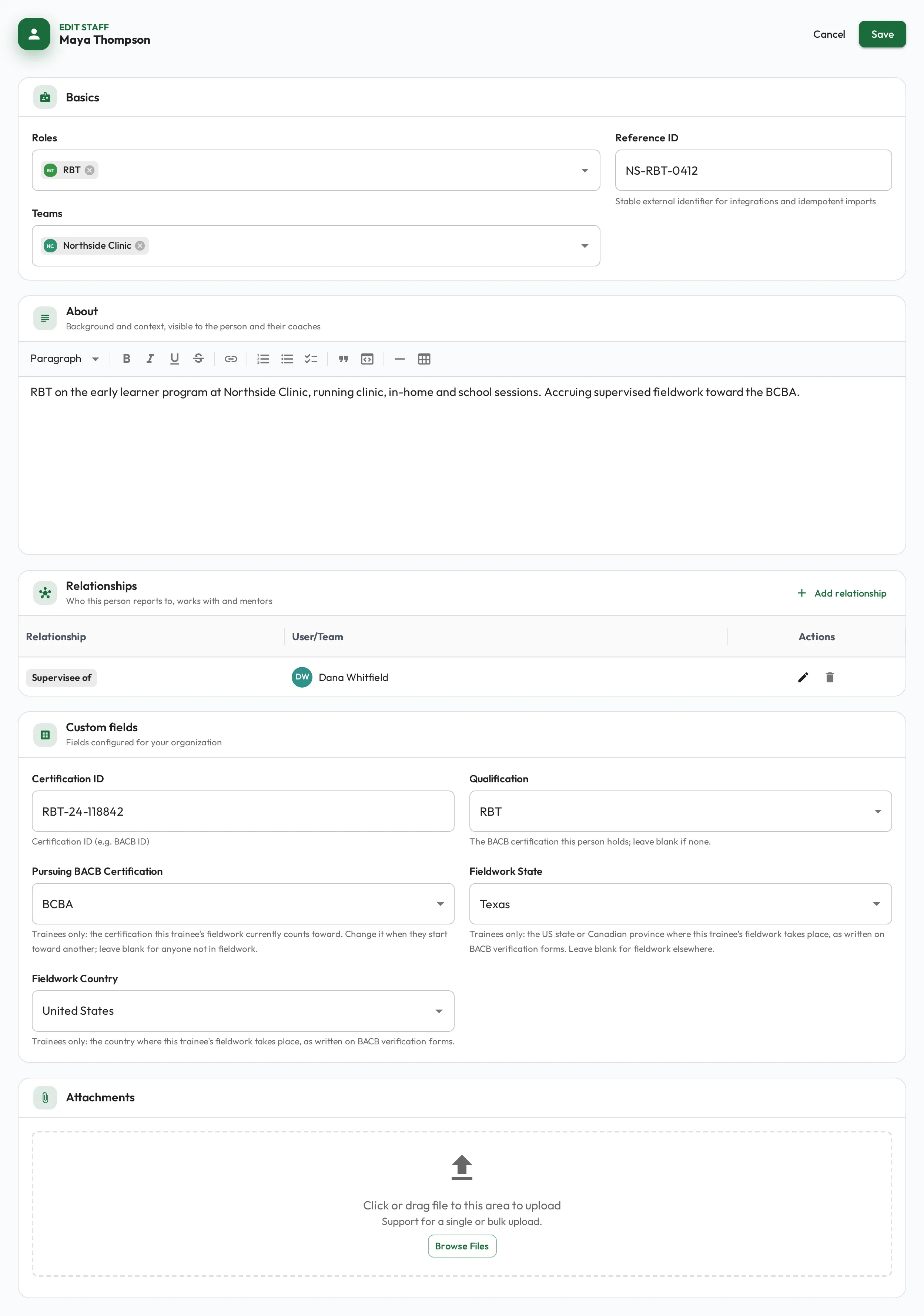 A trainee's edit form with the BACB fields filled in: Qualification, Certification ID, Pursuing BACB Certification, Fieldwork State and Fieldwork Country.