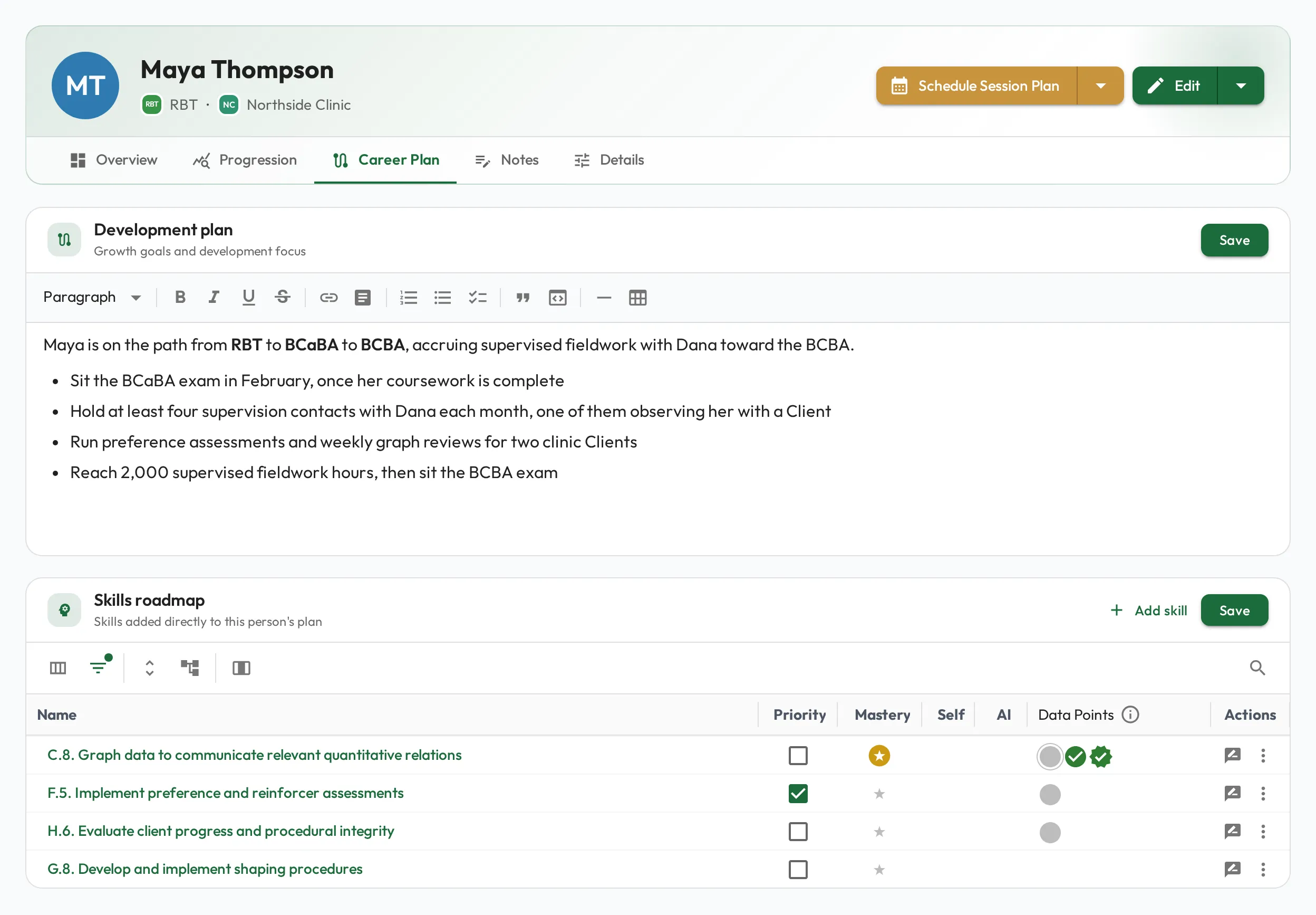 The Career Plan tab on a staff profile: a Development plan card with a written plan and a list of next steps, above a Skills roadmap card listing the skills added to this person's plan with their mastery.