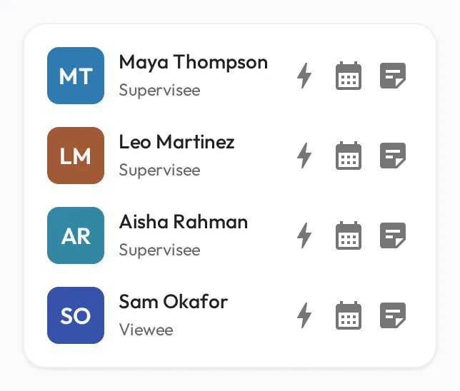 The My Direct Team list on a phone screen: four people, each labelled with their relationship to you, such as Supervisee or Viewee, and each with buttons to quick start a session, schedule a Session Plan, or add a note.