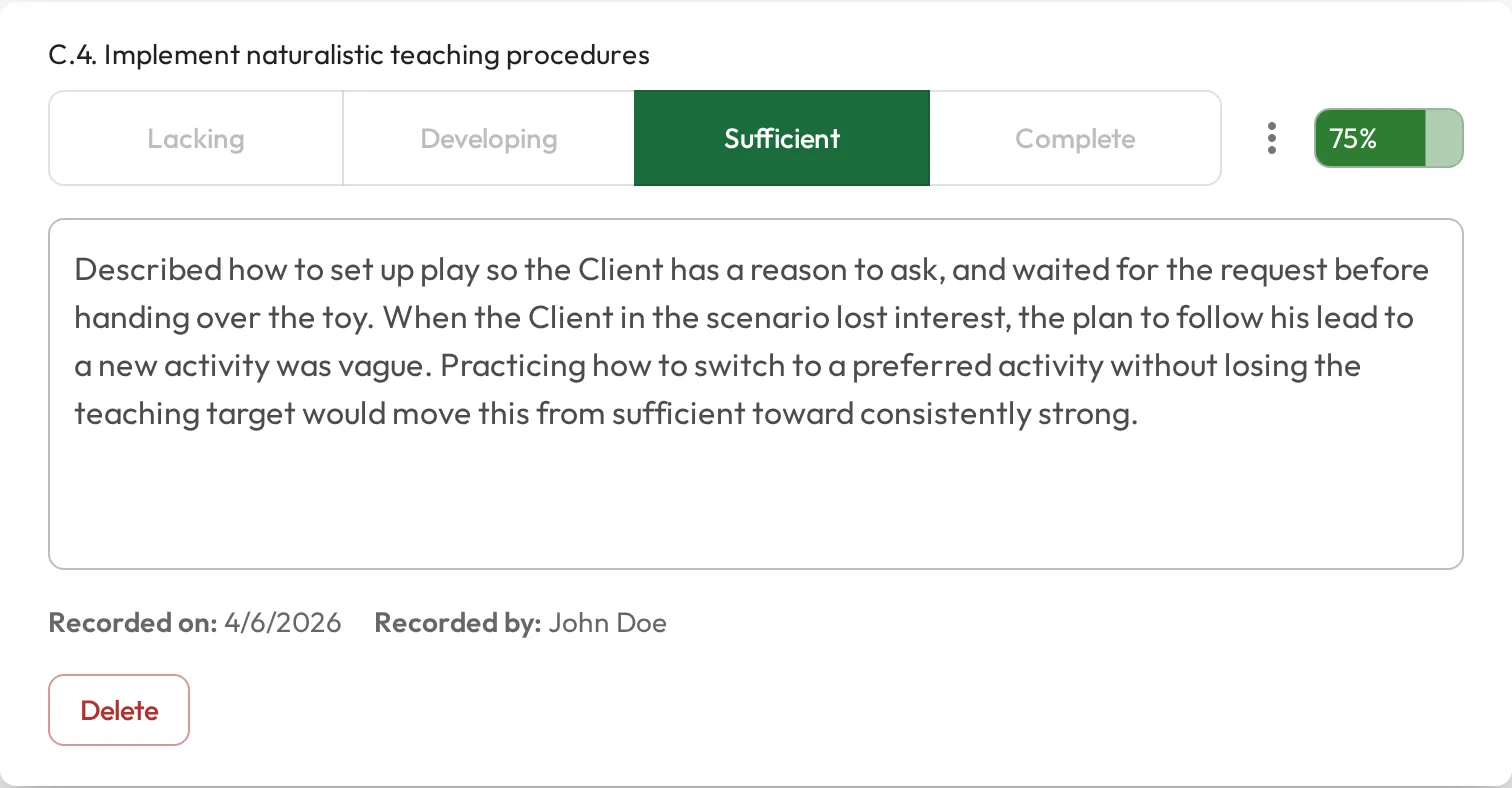 A saved assessment open for review: the skill's rating with one level selected, the coach's written summary, when it was recorded, and a Delete button.